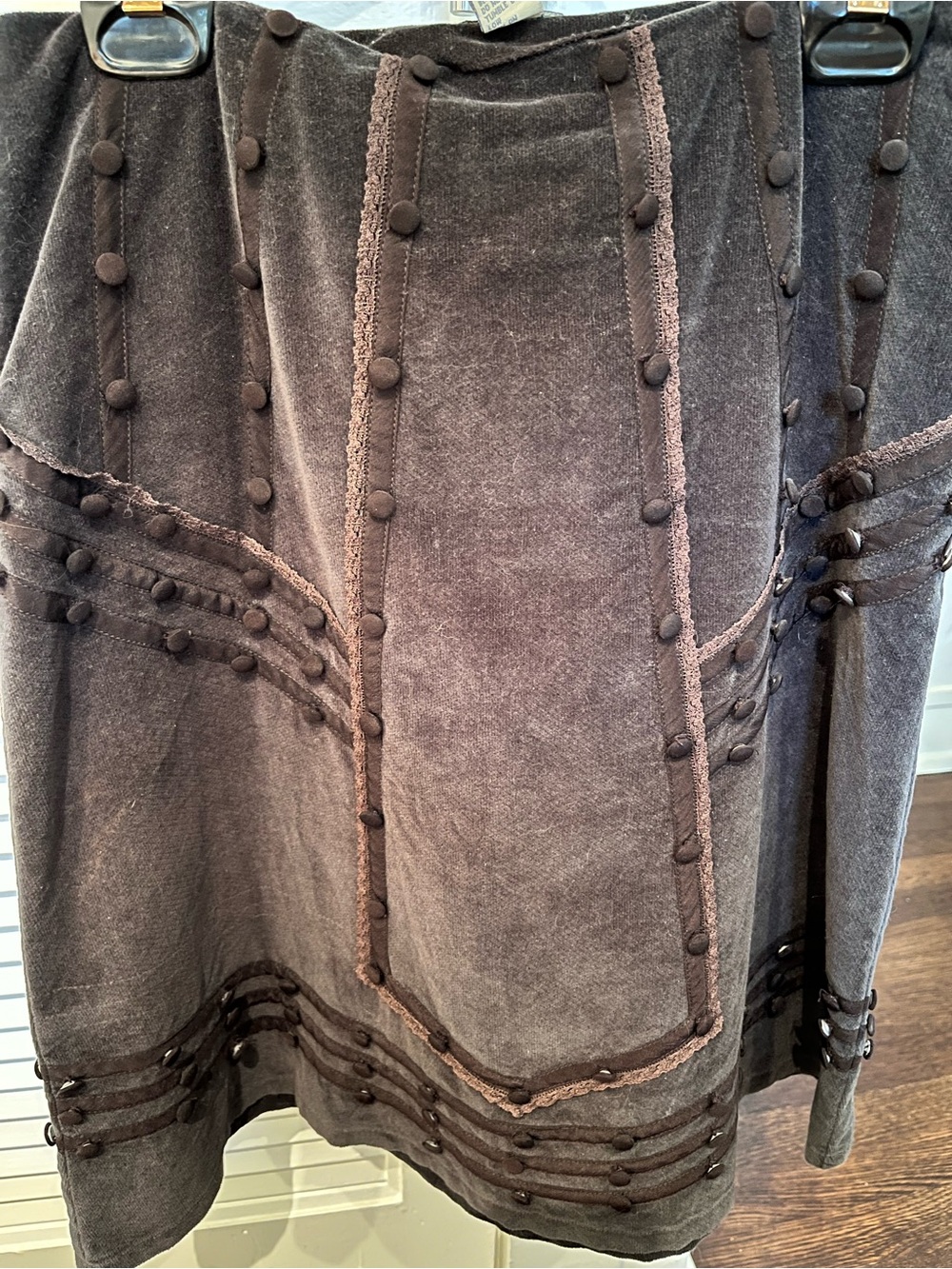 Anthropologie Odille Dark Brown Velvet Skirt with Button and Ribbon Trim - Picture 4 of 5